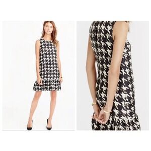 J.Crew Shift Dress Womens 8 Black Ivory 100% Silk Houndstooth Ruffle Drop Waist